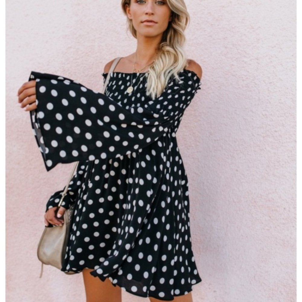 VICI Smocked Black Dress with White Polka Dots